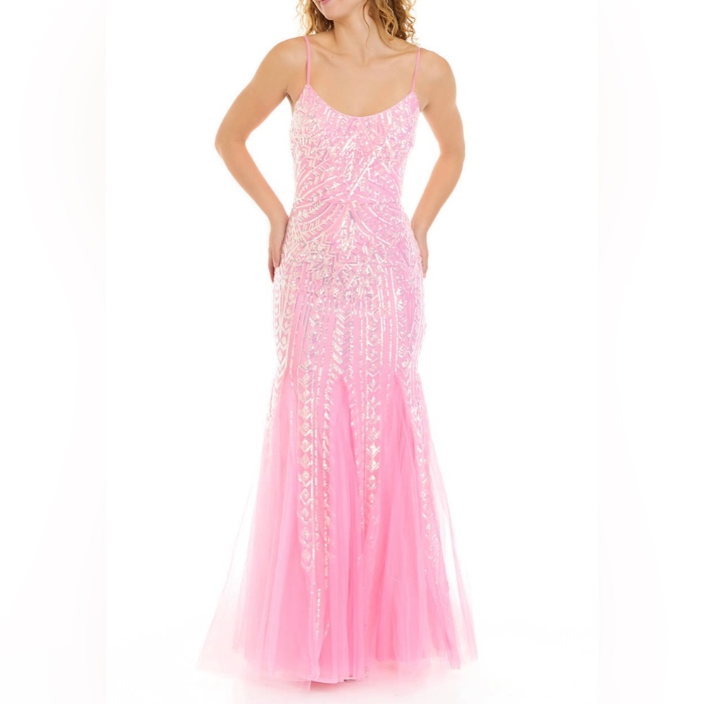 Women’s Spaghetti Strap Pink Sequin Pattern Gown